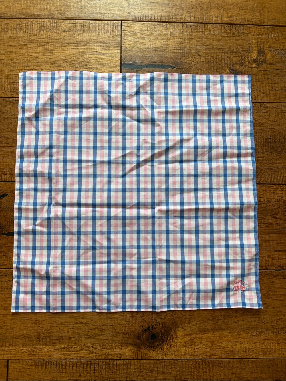 Brooks Brothers Pink Blue Plaid Check Gingham 100% Cotton Pocket Square Logo